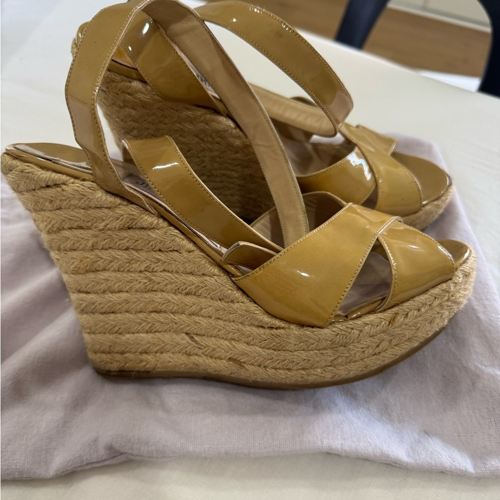 Jimmy Choo Beige Patent Leather Wedge Sandals